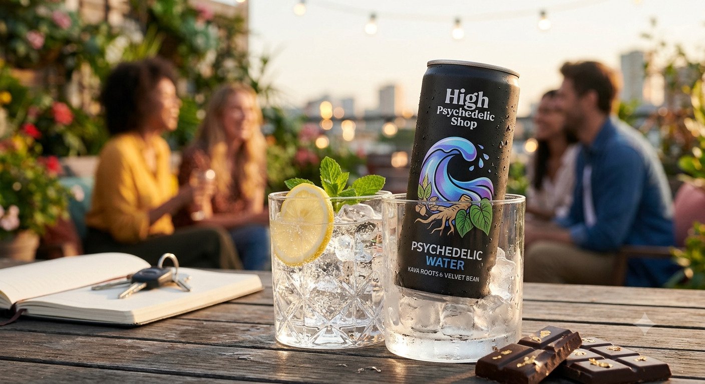 A labeled can of High Psychedelic Shop Psychedelic Water resting on ice with a lemon garnish on a rustic table in a natural, outdoor patio setting with friends in the background.